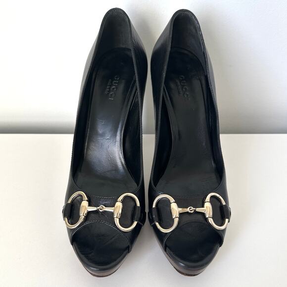 Gucci Classic Horsebit Black Leather Peep Toe Platform Heel Pumps Size 7 B - Picture 3 of 14